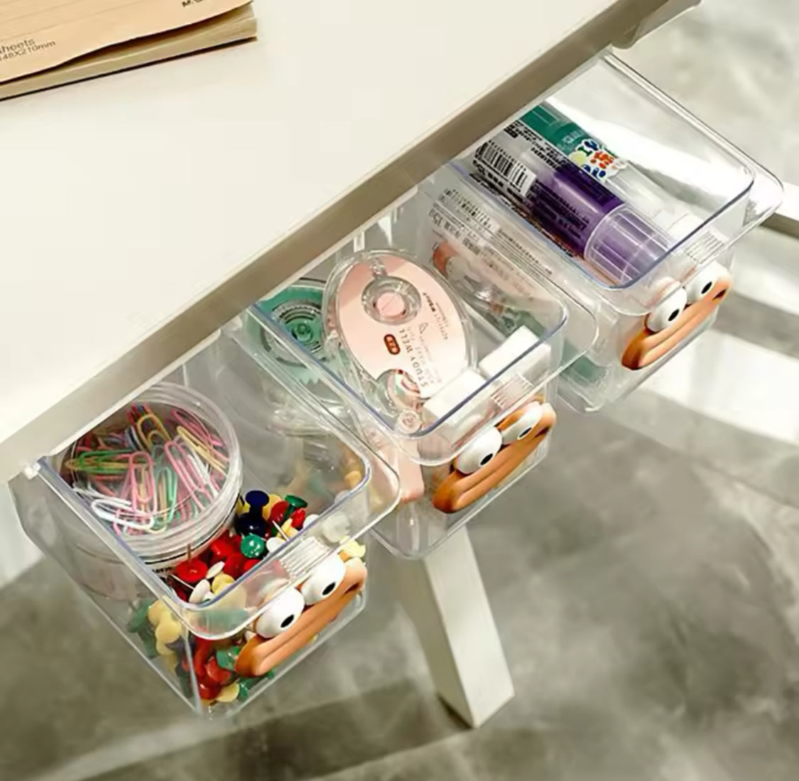 Transparent Smiley Mini Drawer, Under Table Drawer Storage Box, Cosmetic Pull Out Shelf Storage Box, Under Cabinet Storage Drawer