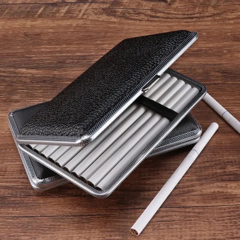 Slim Leather Cigarette Case, Double Open 20 Sticks Leather Cigarette Case, Metal Frame Black Faux Leather Cigarette Case, Men Cigarette Case Smoking Accessories, Creative Pocket Tobacco Holder, Pressure Proof Protective Cigarettes Case