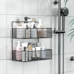 2 Layer Shelving Basket, Wall Mounted Bathroom Rack, Multifunctional Toiletries Organizer, Free Punch Condiment Storage Basket, Kitchen Wall-mounted Storage Basket