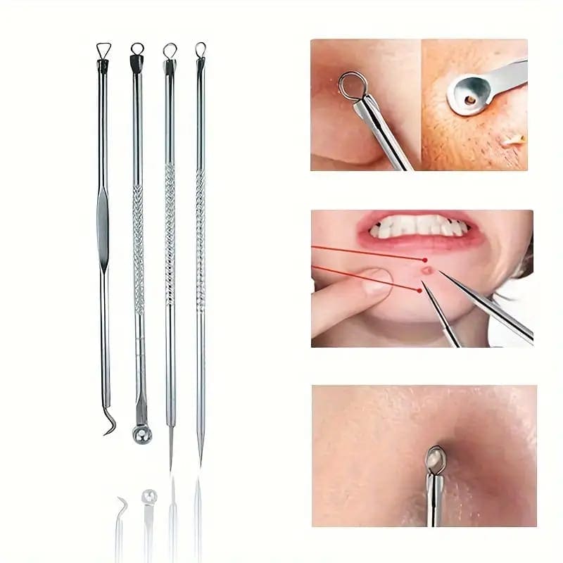 Set Of 4 Pimple Popper Needle, 4-In-1 Multifunctional Acne Needles, Blackhead Remover Tools, Spoon Face Skin Care Tools, Steel Blackhead Removal Kit, Women Beauty Acne Treatment Pore Cleanser Needle Hook, Comedone Extractor Remover Set for All Skin Types