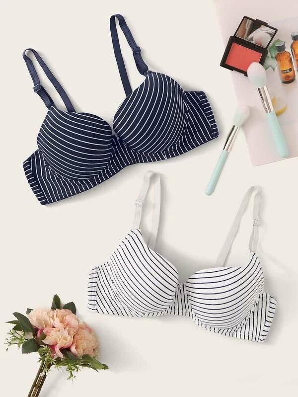 Shein - Striped Underwire Bra Set - 2 Pieces