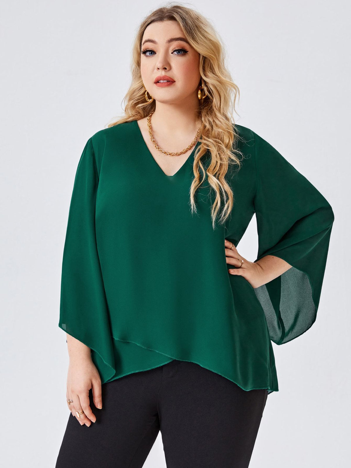 Shein - Plus V-Neck Trumpet Sleeve Blouse