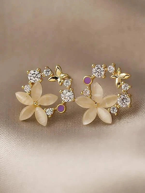 Shein - Rhinestone & Flower Decor Stud Earrings