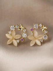 Shein - Rhinestone & Flower Decor Stud Earrings