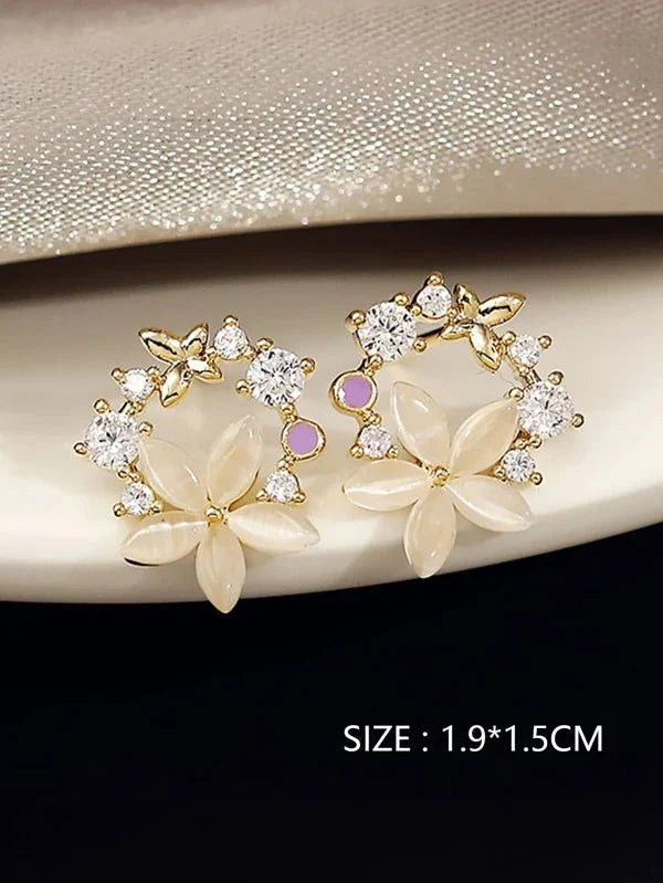 Shein - Rhinestone & Flower Decor Stud Earrings