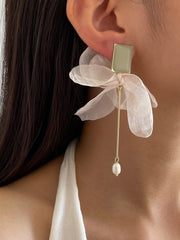 Shein- Faux Pearl & Fabric Bow Decor Drop Earrings