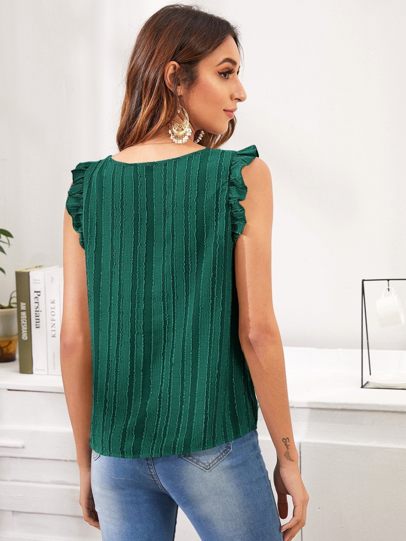 Shein - Gathered Neckline Frill Trim Fuzzy Top