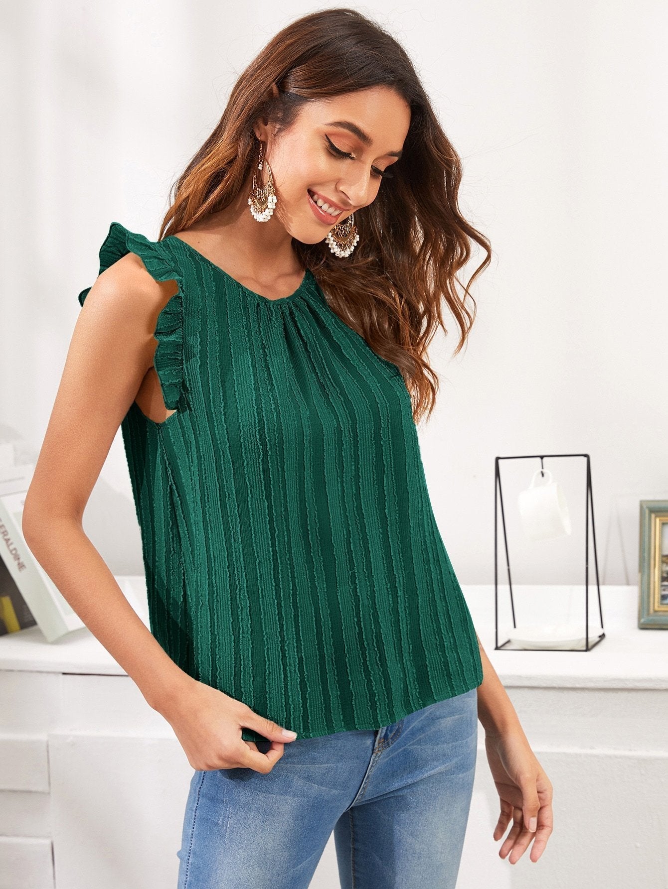 Shein - Gathered Neckline Frill Trim Fuzzy Top