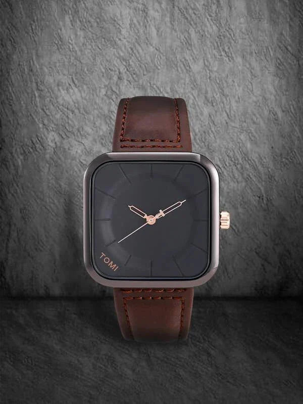 Shein - Men Square Pointer Quartz Watch- Black