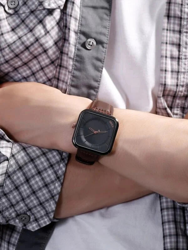 Shein - Men Square Pointer Quartz Watch- Black