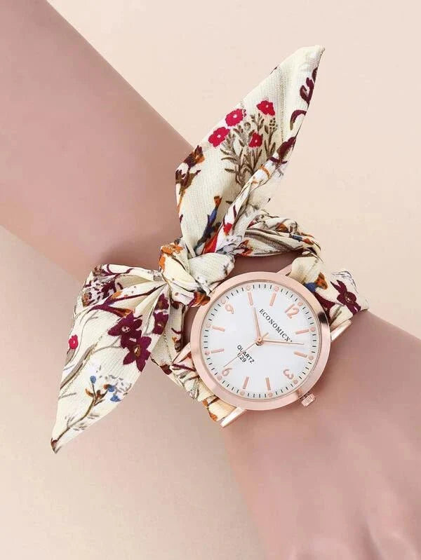 Shein - Floral Pattern Quartz Watch With Twilight Strap Design