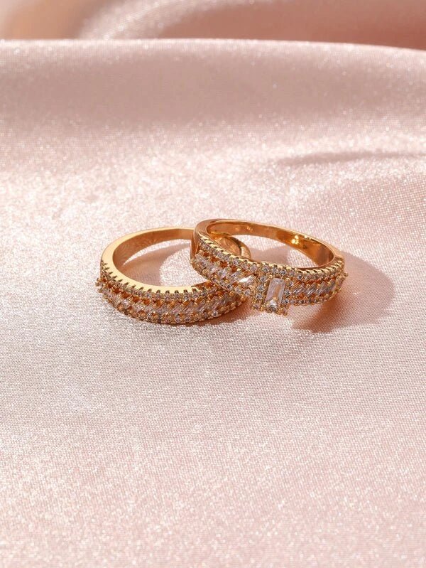 Shein - 2Pcs 18K Gold Plated Zircon Decor Ring
