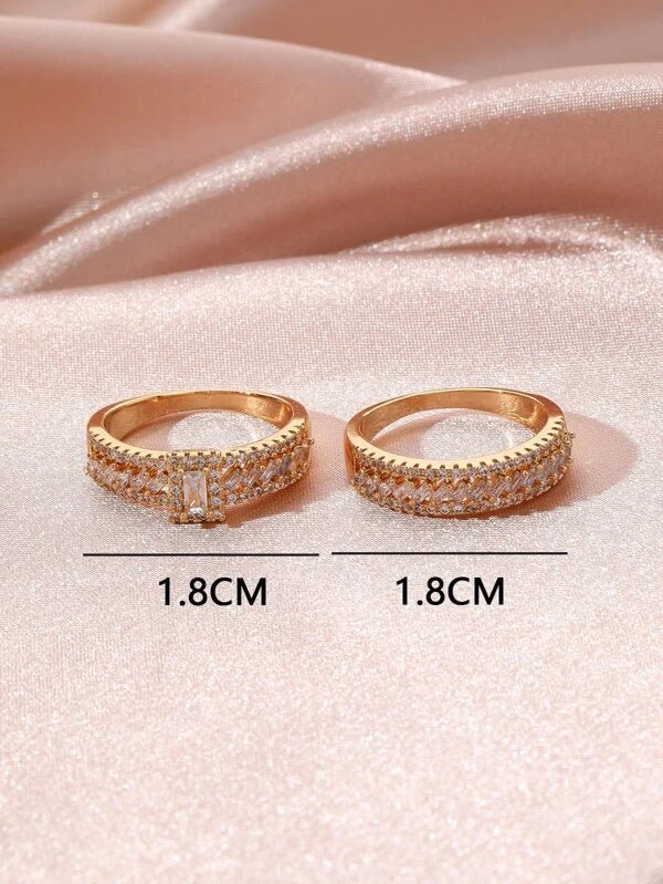 Shein - 2Pcs 18K Gold Plated Zircon Decor Ring