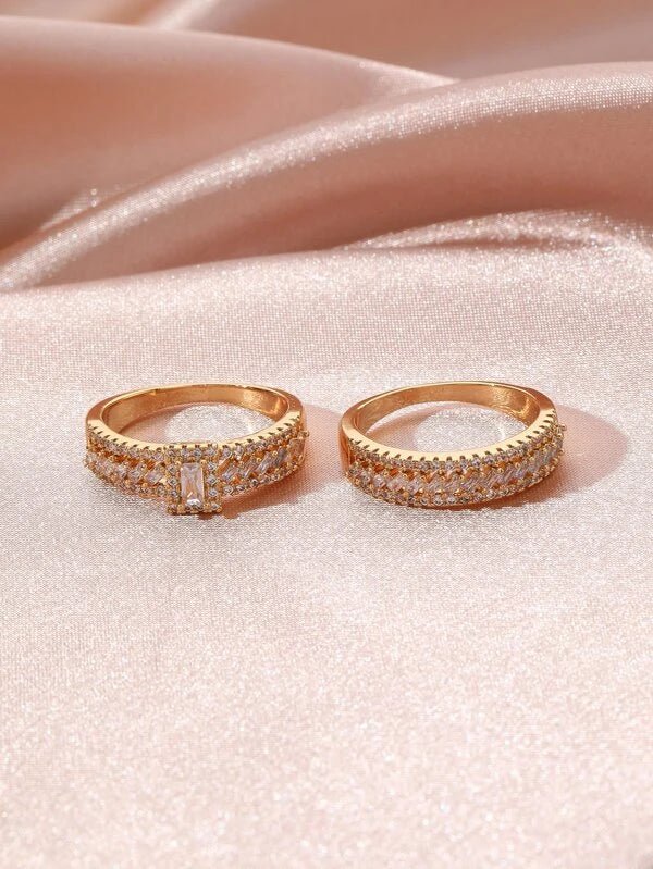 Shein - 2Pcs 18K Gold Plated Zircon Decor Ring