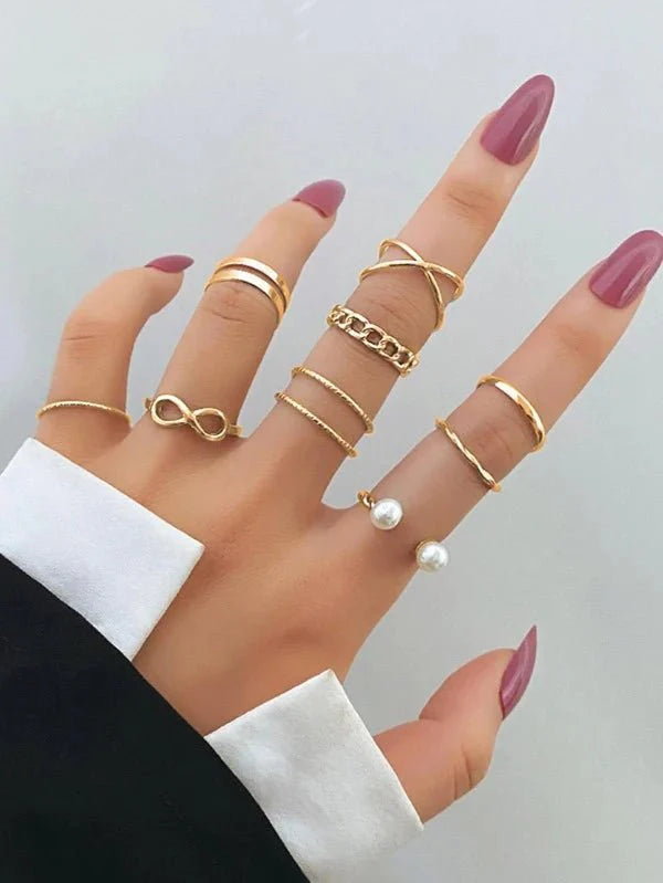 Shein - 9Pcs Faux Pearl Decor Ring Gold