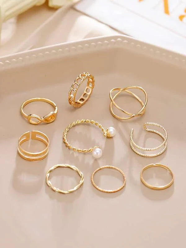 Shein - 9Pcs Faux Pearl Decor Ring Gold
