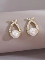 Shein - Cuneiform Earrings With Rhinestones And Faux Pearls