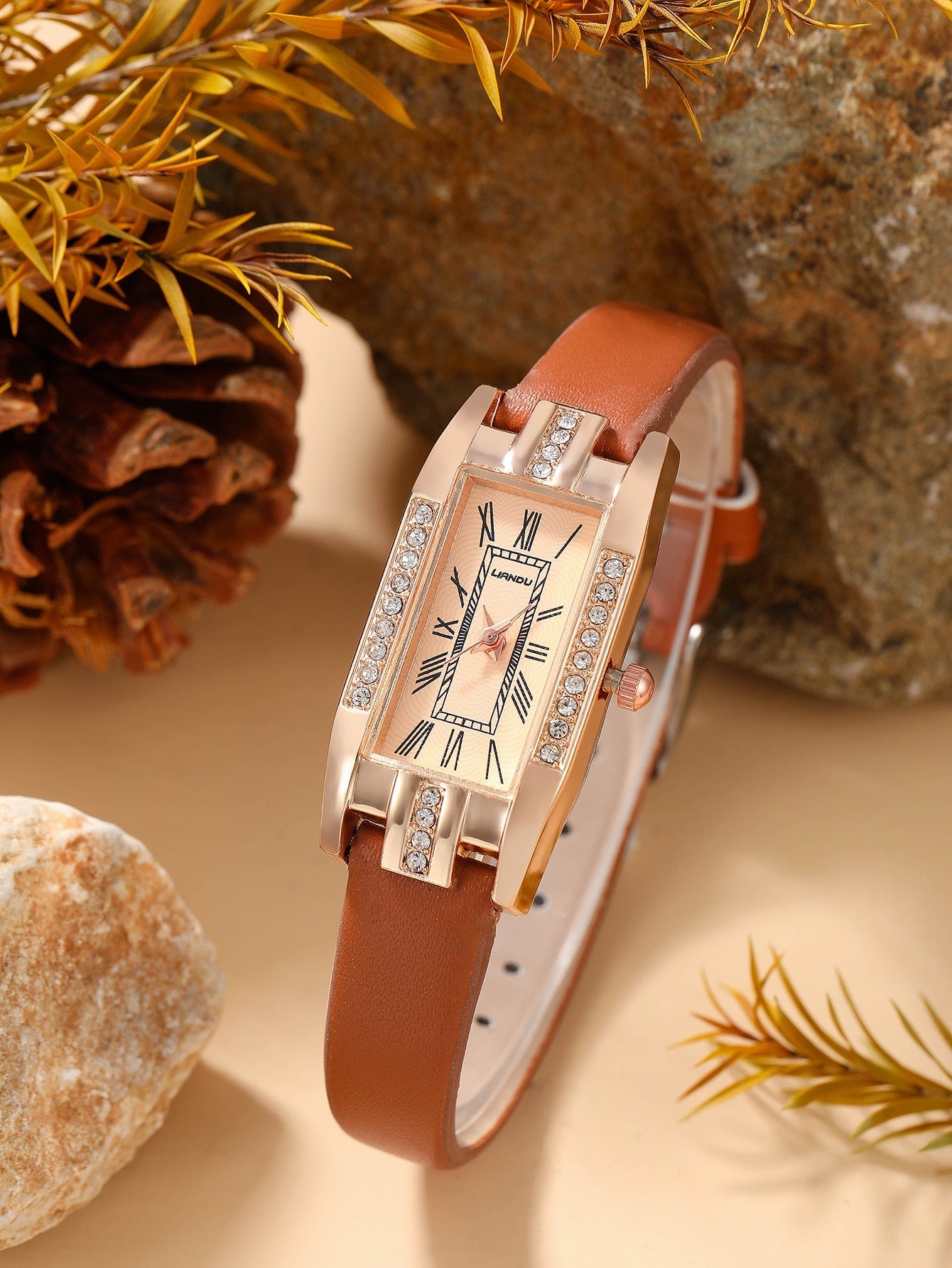 Shein - Rhinestone Decor Rectangle Pointer Quartz Watch