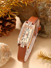 Shein - Rhinestone Decor Rectangle Pointer Quartz Watch