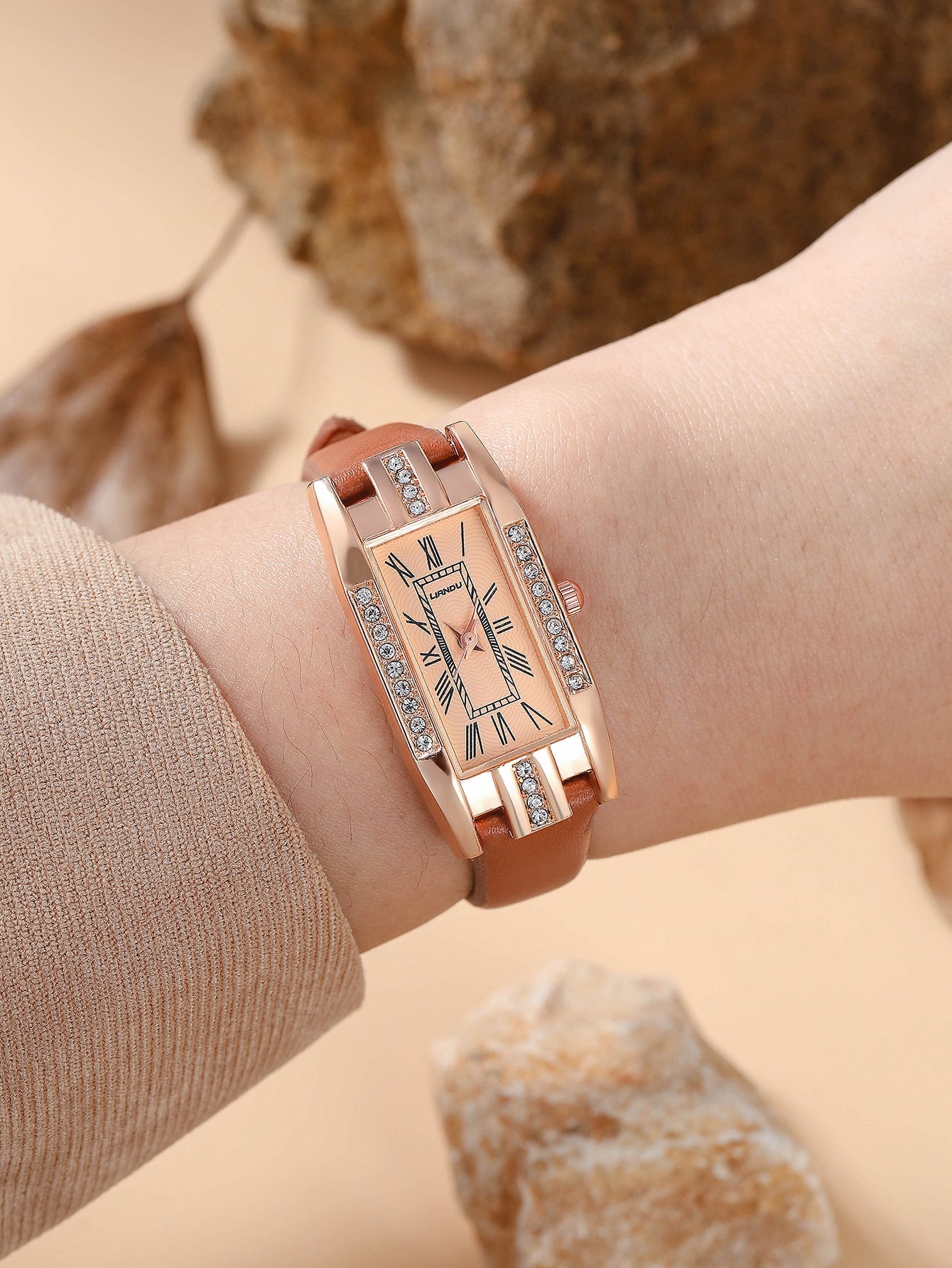 Shein - Rhinestone Decor Rectangle Pointer Quartz Watch