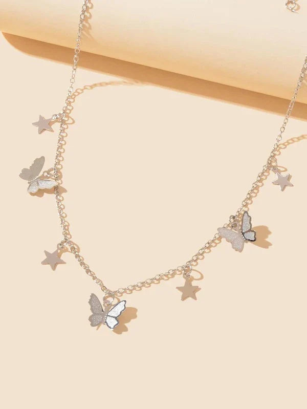 Shein - Star Necklace And Butterfly Pendant