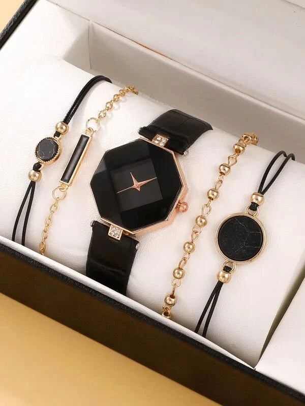 Shein -1Pc Ribbed Rhinestone Decoration Quartz Watch Pointer And 4Pcs Bracelet