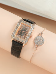 Shein - 1pc Rhinestone Decor Rectangle Pointer Quartz Watch & 1pc Bracelet