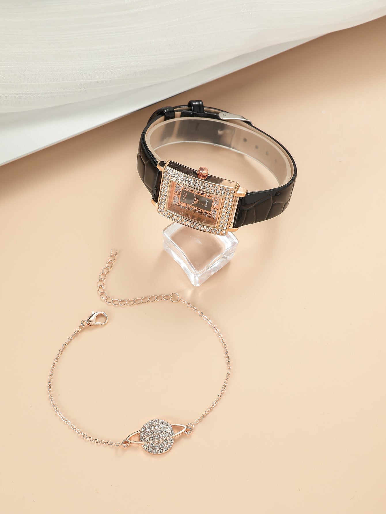 Shein - 1pc Rhinestone Decor Rectangle Pointer Quartz Watch & 1pc Bracelet