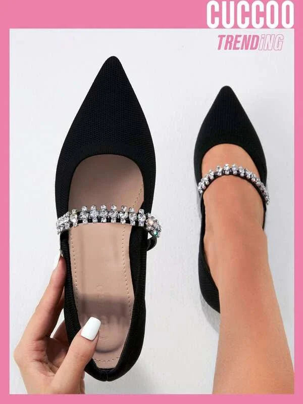 Shein - Cuccoo Trending Rhinestone-Embellished Pointed-Toe Ballet Flats