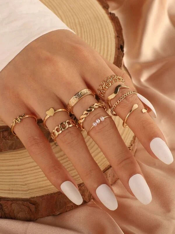 Shein - Ring Decorated With A Heart And Artificial Pearls 10 Pieces- Yellow Golden
