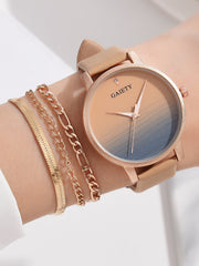 Shein - 1pc Ombre Round Pointer Quartz Watch & 1pc Layered Bracelet