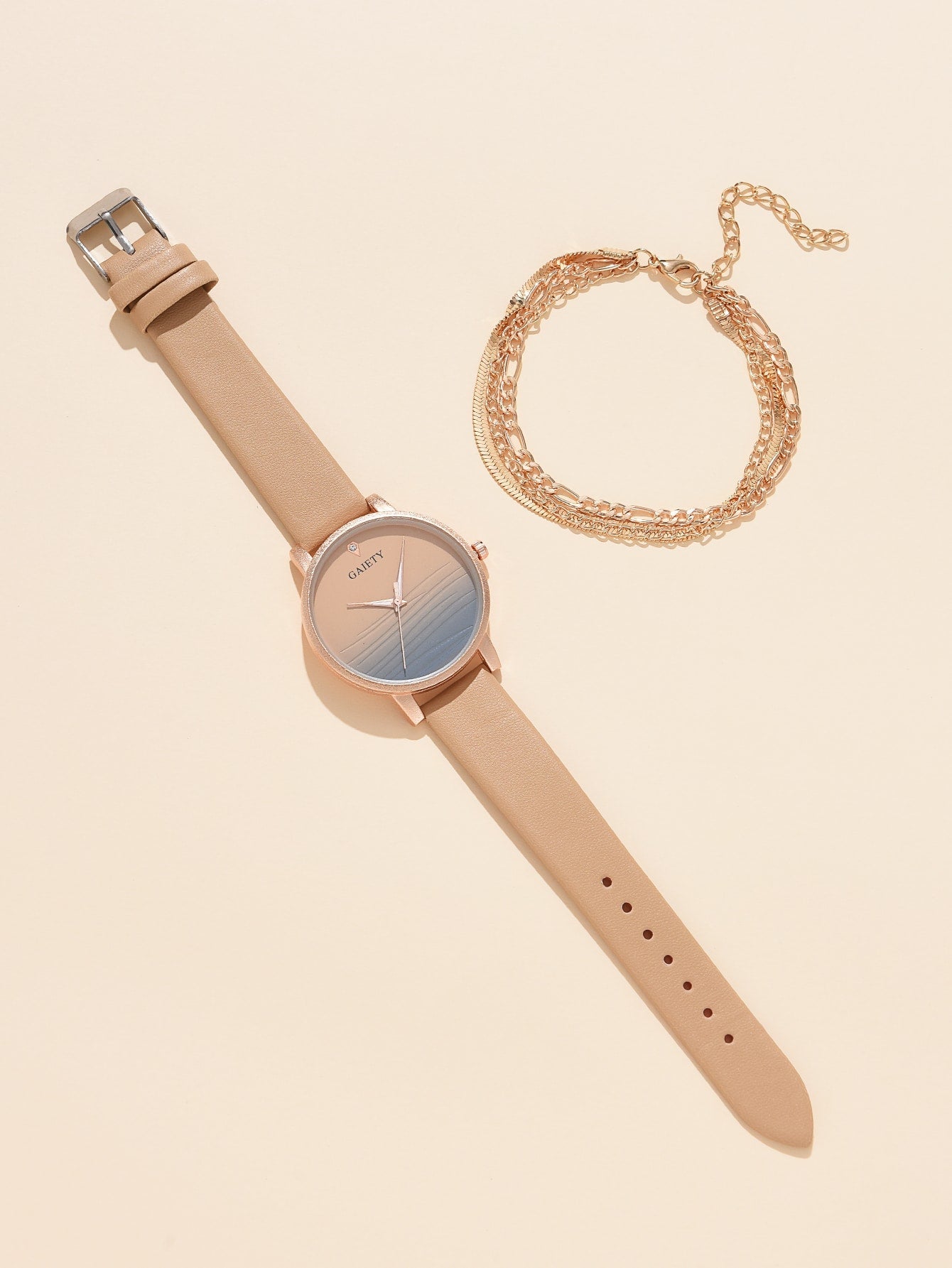 Shein - 1pc Ombre Round Pointer Quartz Watch & 1pc Layered Bracelet