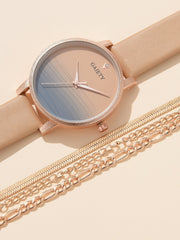 Shein - 1pc Ombre Round Pointer Quartz Watch & 1pc Layered Bracelet