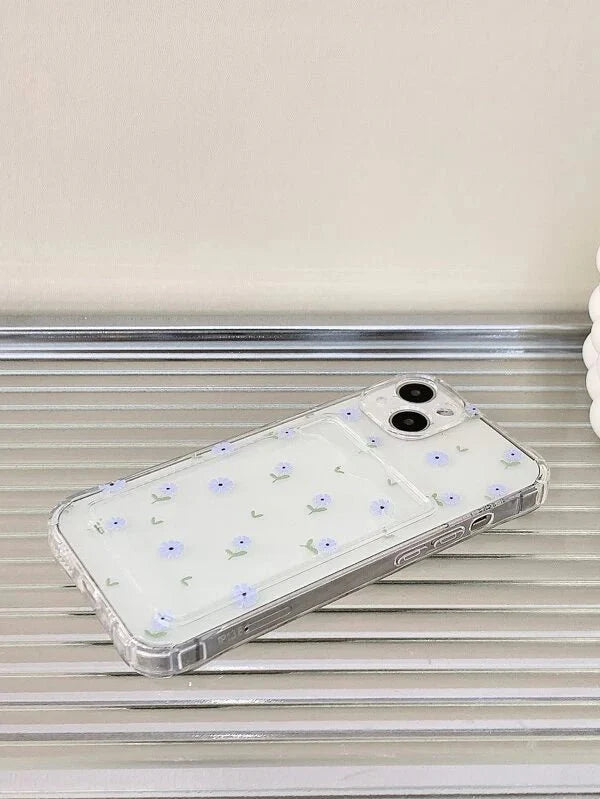 Shein - Mobile Cover With Transparent Floral Print, Card Slot