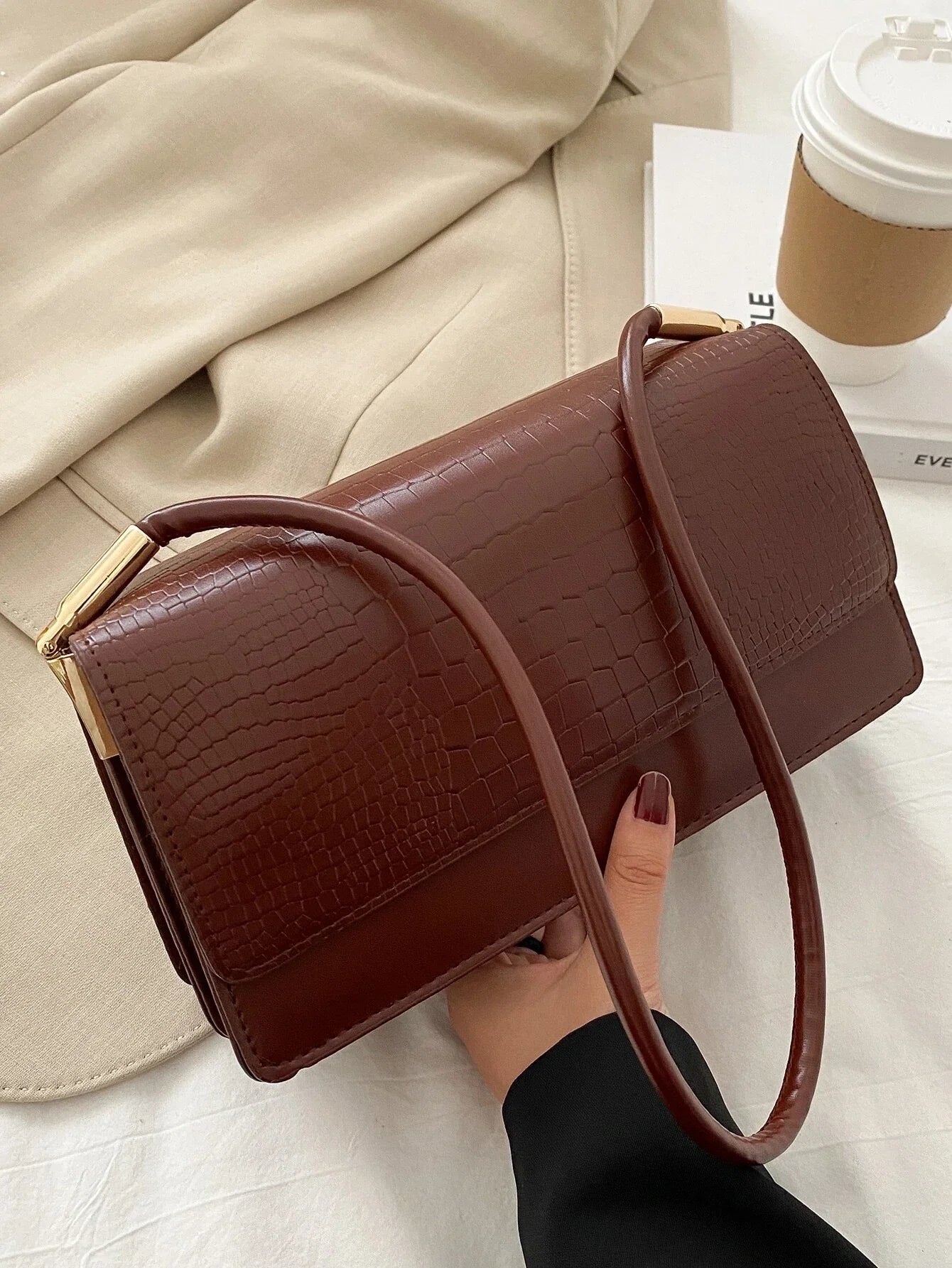 Shein - Crocodile Embossed Flap Bag