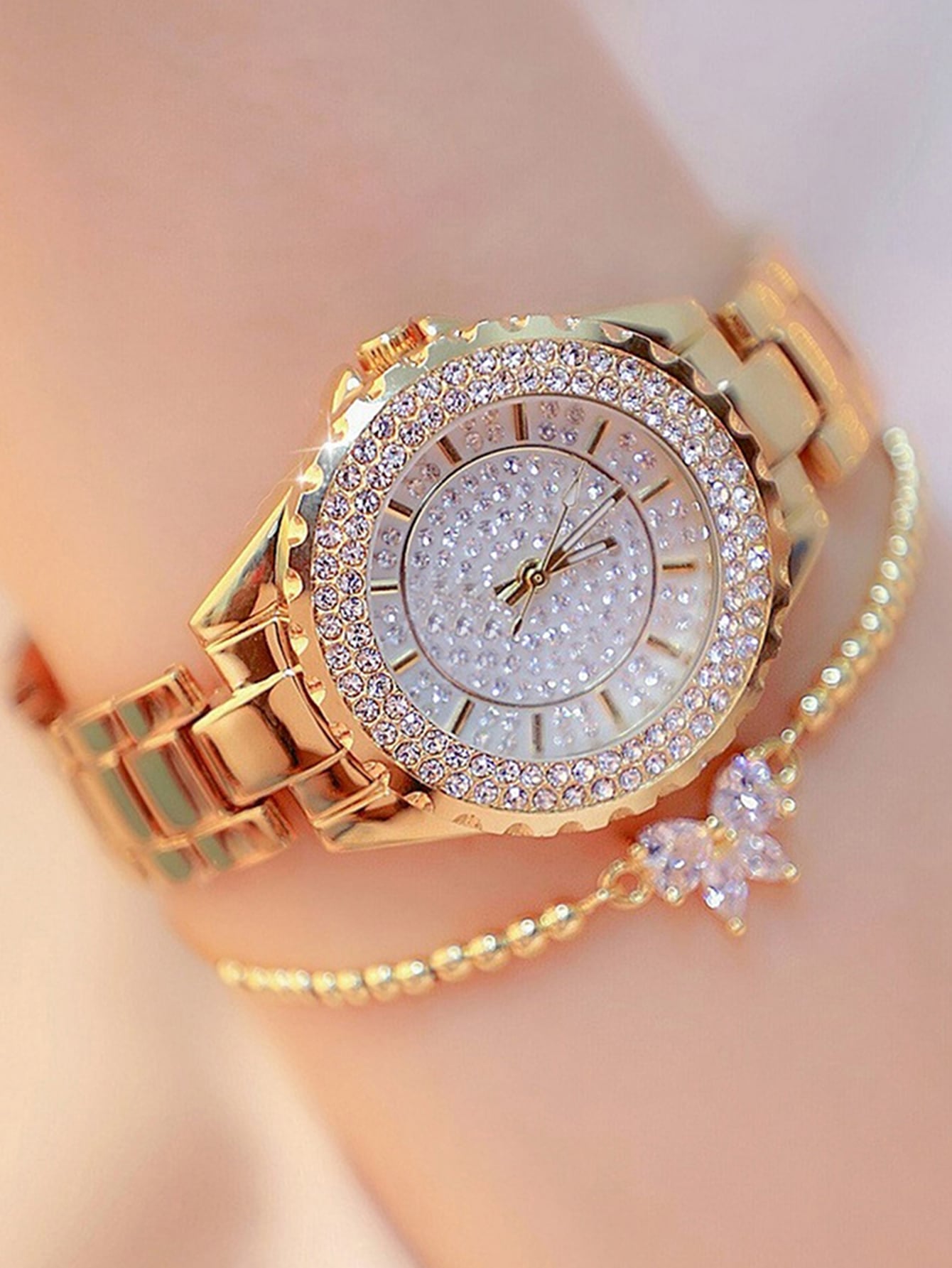 Shein - 1pc Rhinestone Decor Round Pointer Quartz Watch & 1pc Bracelet