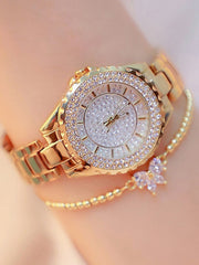 Shein - 1pc Rhinestone Decor Round Pointer Quartz Watch & 1pc Bracelet