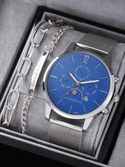 Shein - One Piece Men'S Simplified Round Hand Calendar Quartz Watch And One Piece Bracelet