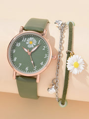 Shein - 1pc Round Pointer Quartz Watch & 1pc Daisy Decor Bracelet