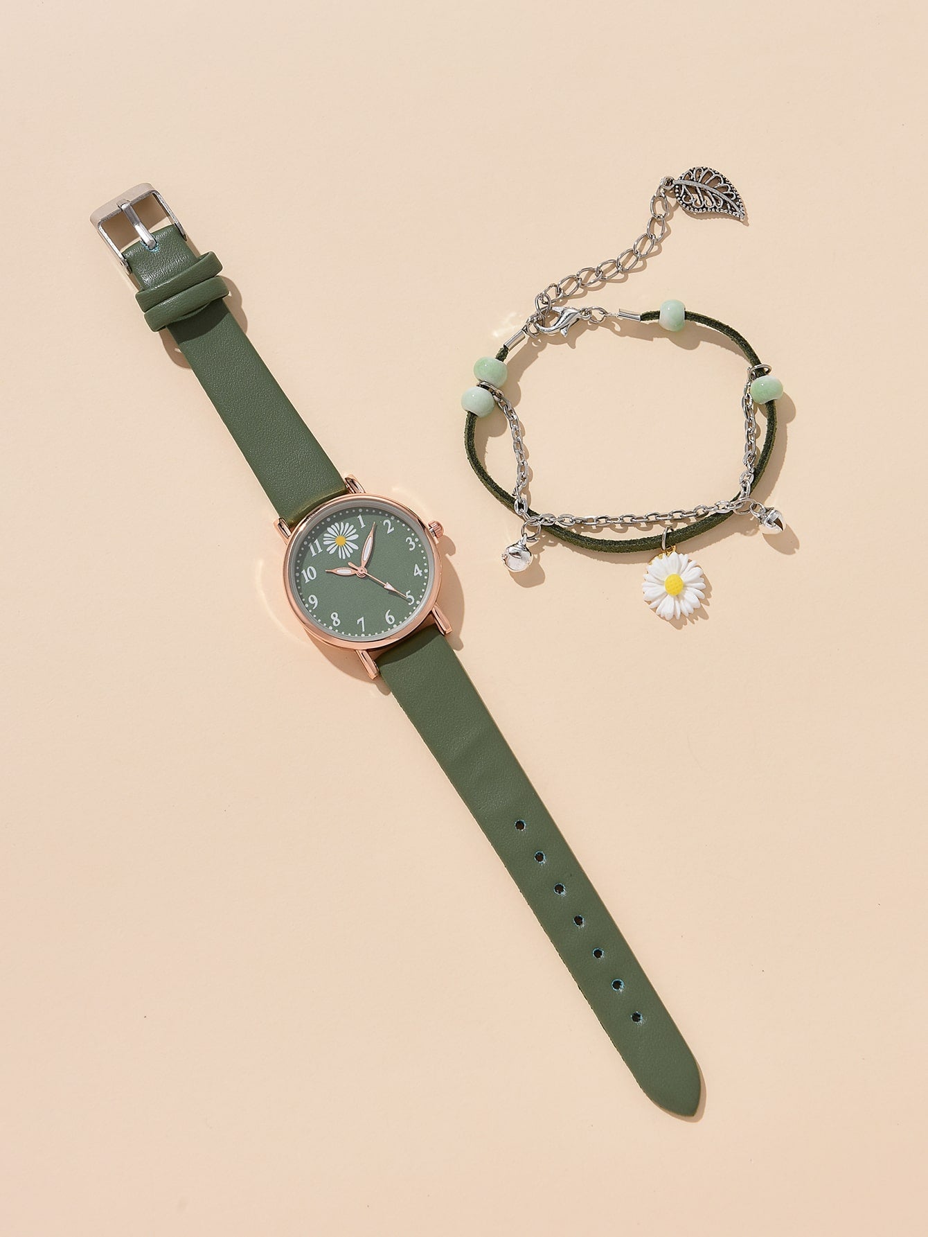 Shein - 1pc Round Pointer Quartz Watch & 1pc Daisy Decor Bracelet