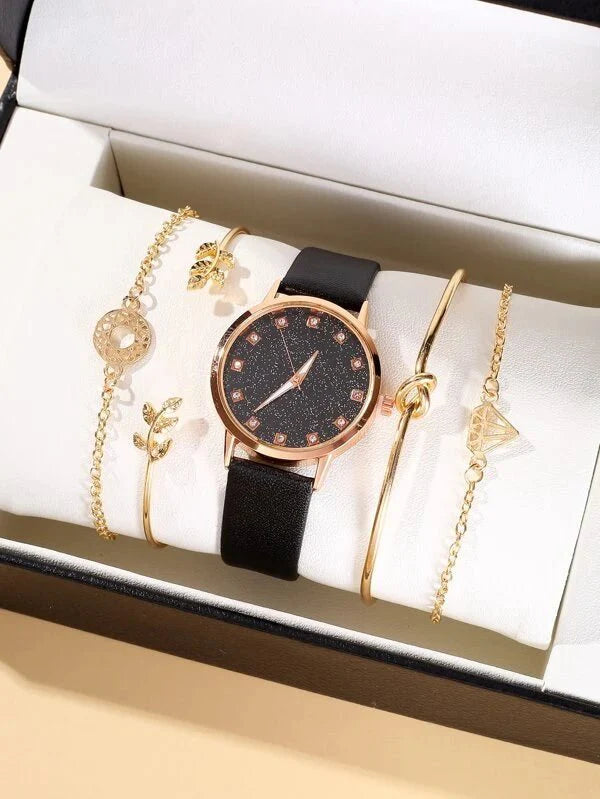 Shein - One Piece Rhinestone Decor Quartz Watch And 4 Pieces Bracelet