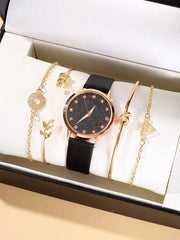 Shein - One Piece Rhinestone Decor Quartz Watch And 4 Pieces Bracelet