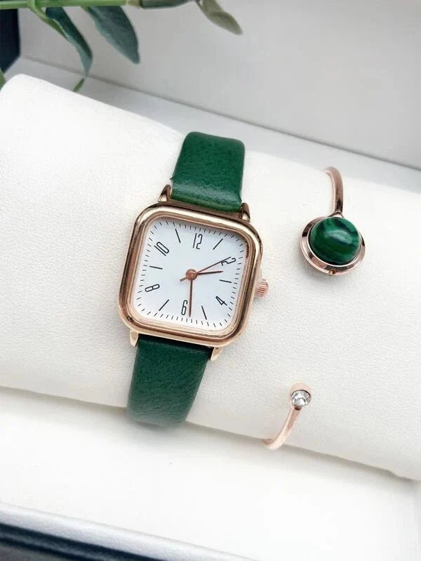 Shein - One Piece Square Round Quartz Watch And One Piece Open Bracelet