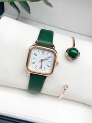 Shein - One Piece Square Round Quartz Watch And One Piece Open Bracelet
