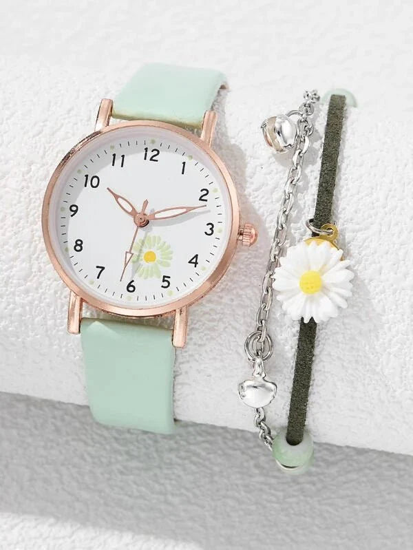 Shein - One Piece Flower Detailing Quartz Watch With A Round Pointer Dial And One Piece Bracelet