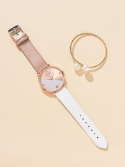 Shein - 1pc Color Block Round Pointer Quartz Watch & 1pc Bracelet