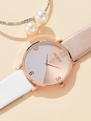 Shein - 1pc Color Block Round Pointer Quartz Watch & 1pc Bracelet