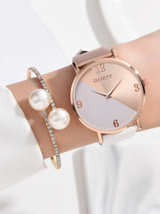 Shein - 1pc Color Block Round Pointer Quartz Watch & 1pc Bracelet