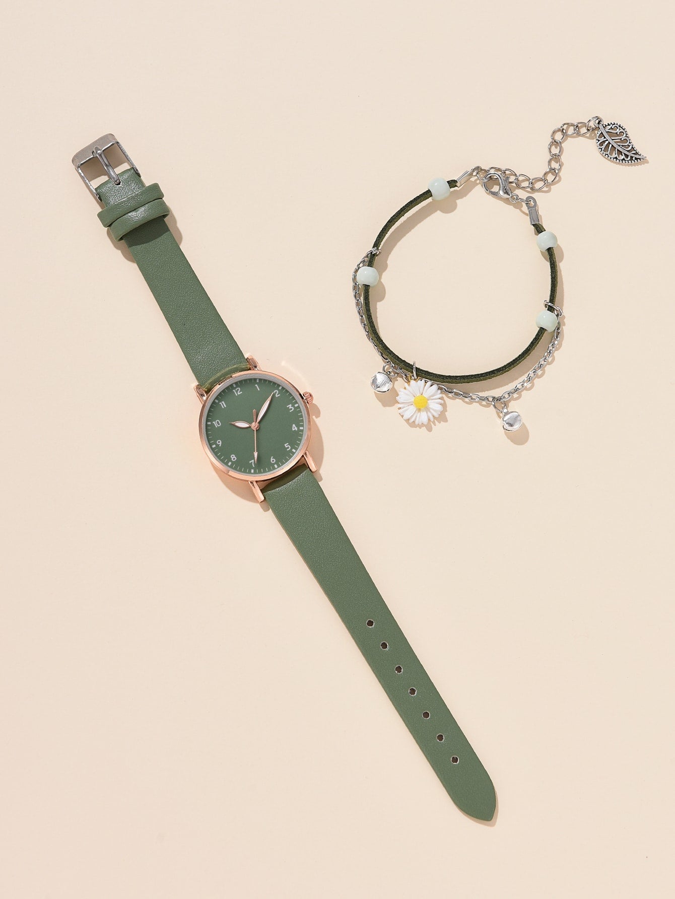 Shein - 1pc Round Pointer Quartz Watch & 1pc Daisy Decor Bracelet
