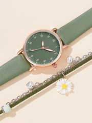 Shein - 1pc Round Pointer Quartz Watch & 1pc Daisy Decor Bracelet